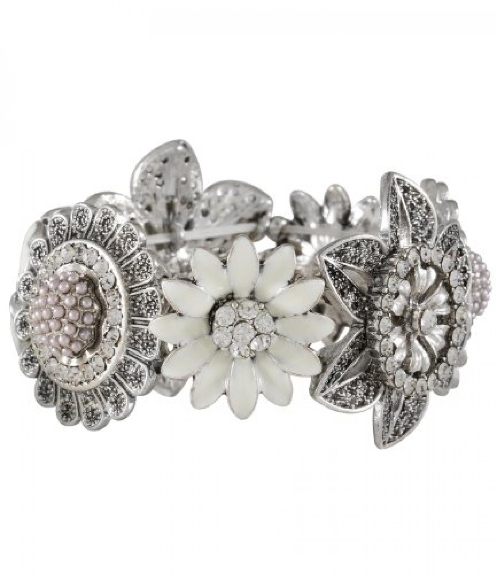 SIX "Bride" elastisches Armband mit Metall-Blüten, Strass und Perlen (358-445) 